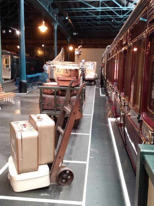 Old fashion luggage display along a platform at the National Railway Museum