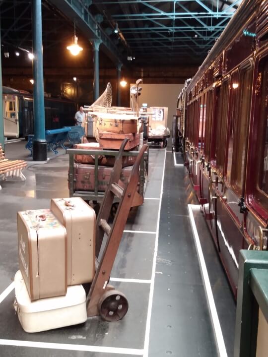 Old fashion luggage display along a platform at the National Railway Museum