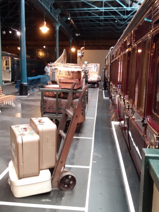 Old fashion luggage display along a platform at the National Railway Museum