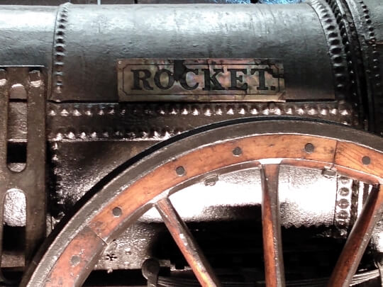 Mid section & Name plate of Robert Stevenson's Rocket at the National Railway Museum